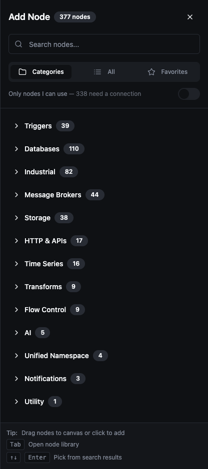 Add Node panel with nodes grouped by category