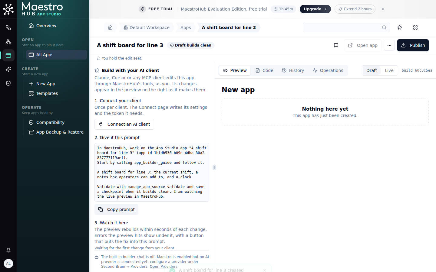 Builder with the Build with your AI client panel: Connect an AI client, the prompt to copy, and the live preview on the right