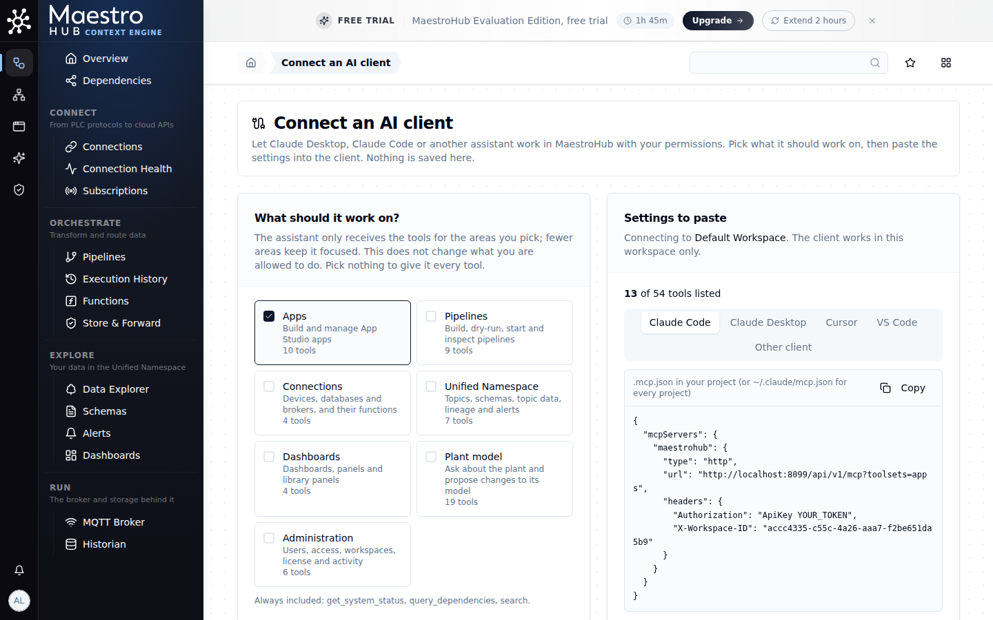 Connect an AI client page with the Apps toolset selected and the client settings shown
