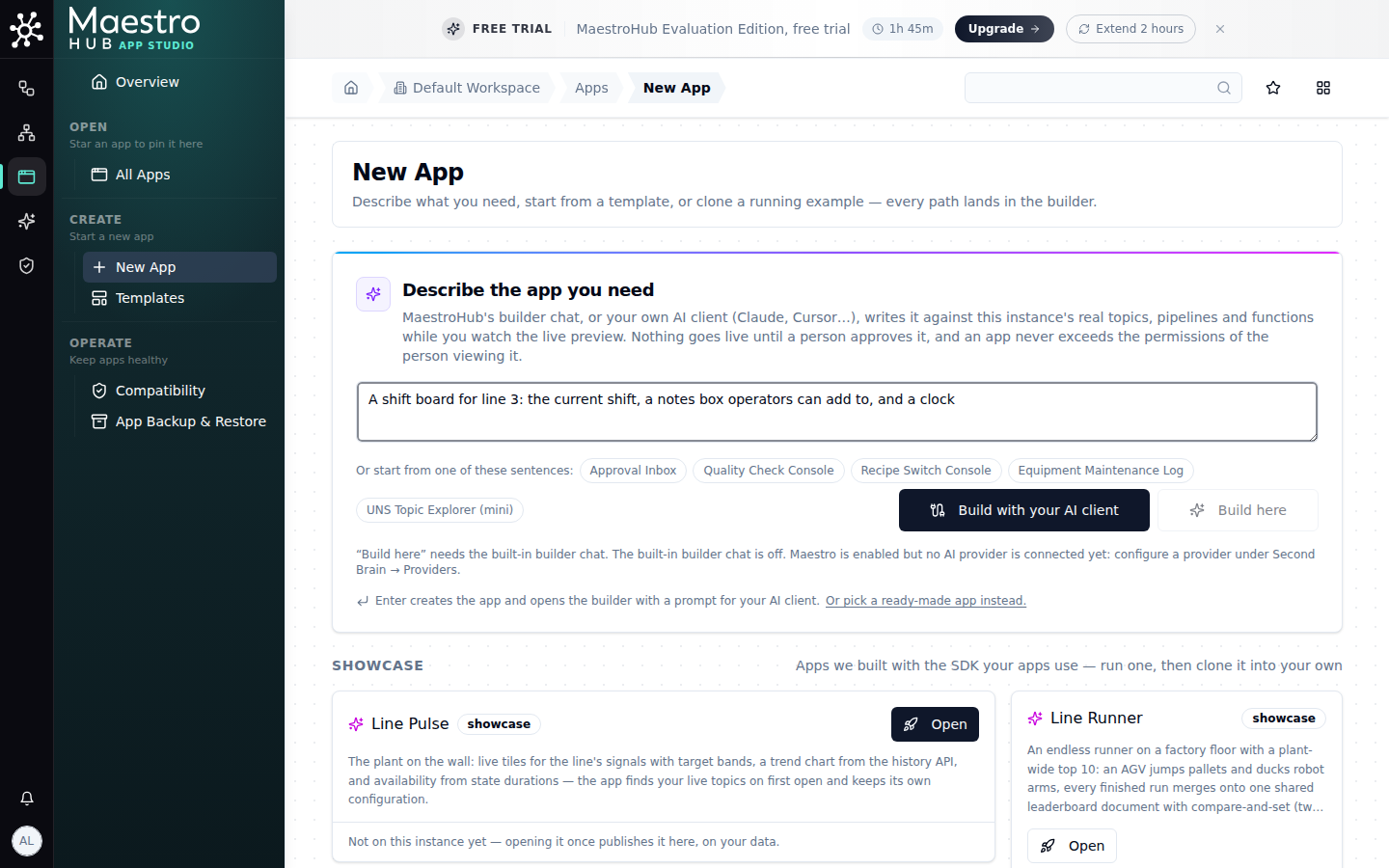 New app page with the description typed, Build with your AI client highlighted and Build here disabled with its reason