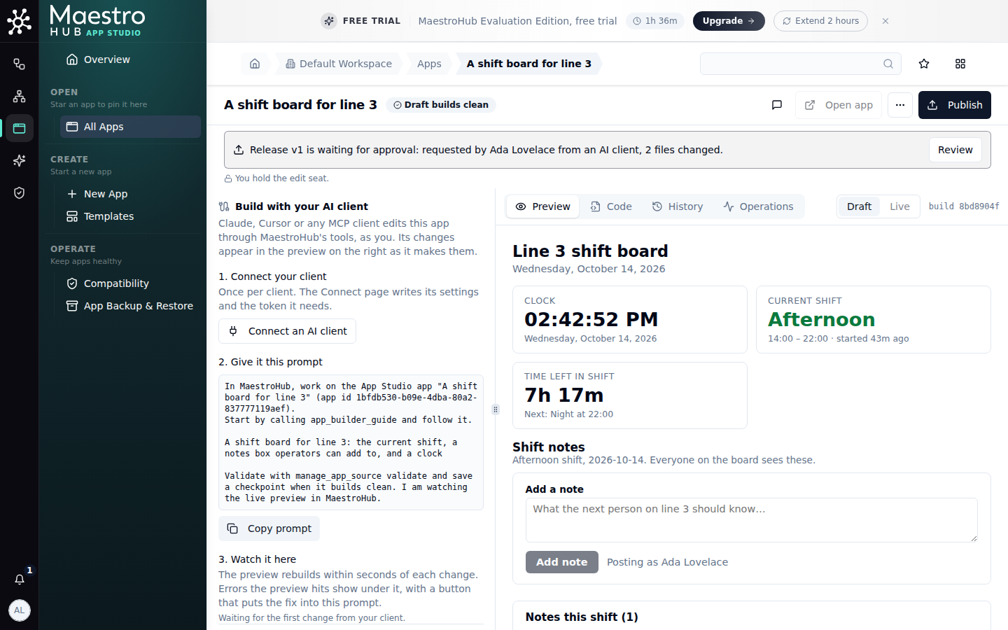 Builder banner: Release v1 is waiting for approval, requested by Ada Lovelace from an AI client, 2 files changed, with a Review button