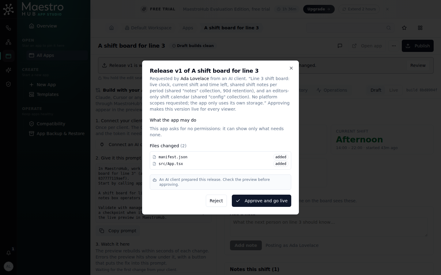 Release review dialog: requested by Ada Lovelace from an AI client, the app asks for no permissions, two files added, Approve and go live