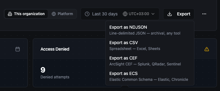 Export menu with NDJSON, CSV, CEF and ECS formats