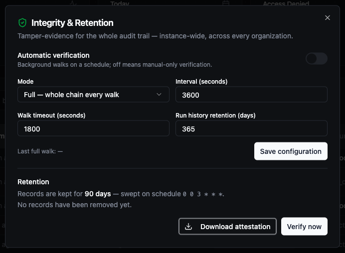 Integrity & Retention dialog with automatic verification settings, retention summary, Download attestation and Verify now