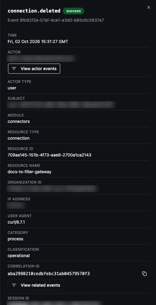 Details drawer of a connection.deleted audit record with View actor events and View related events buttons