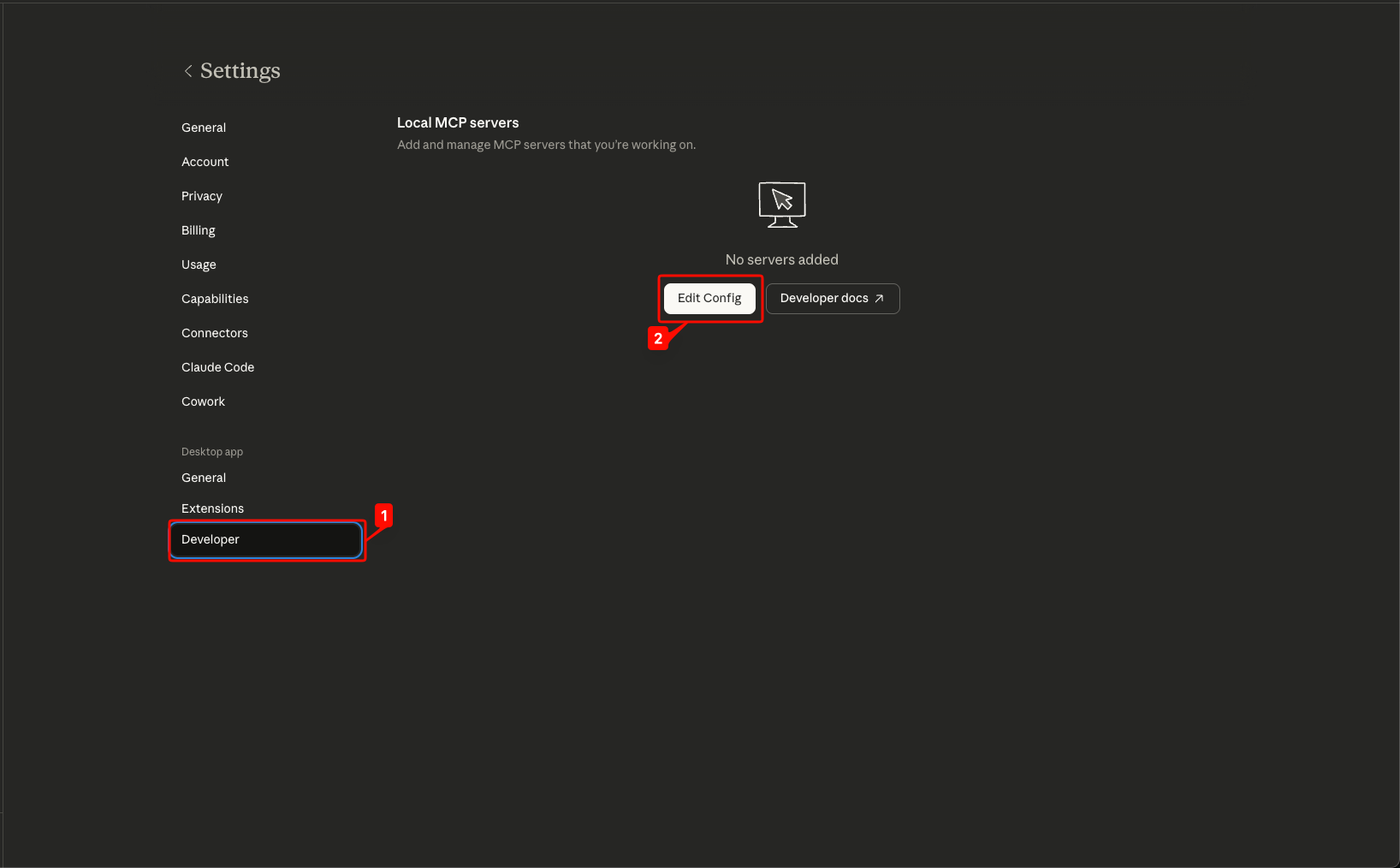 Developer settings page with Edit Config button