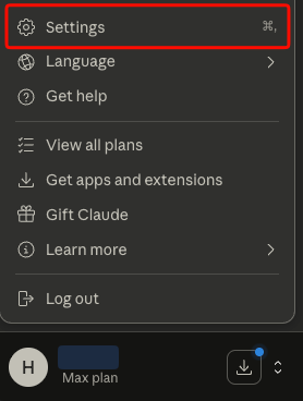 Claude desktop app menu showing Settings option