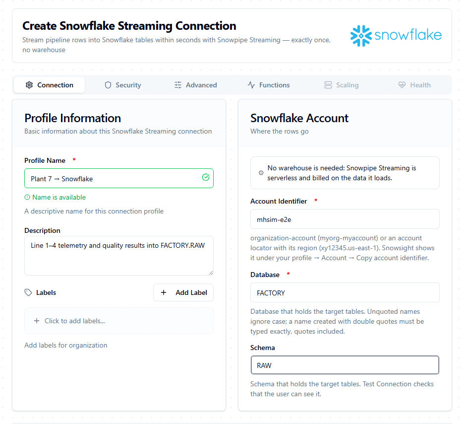 Snowflake Streaming connection form, Connection tab