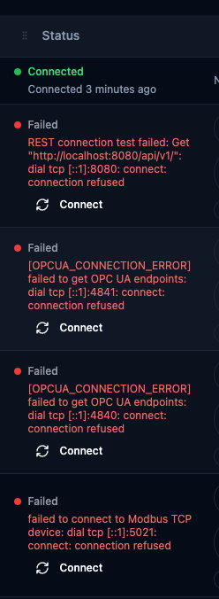 Connection status column showing Connected and Failed states with error messages