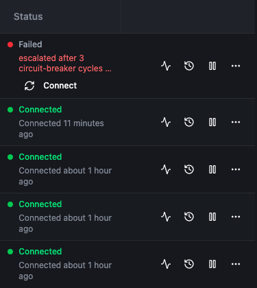 Connection status column showing a Failed connection with its error and Connect button, and Connected connections