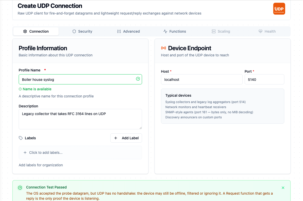 UDP connection form