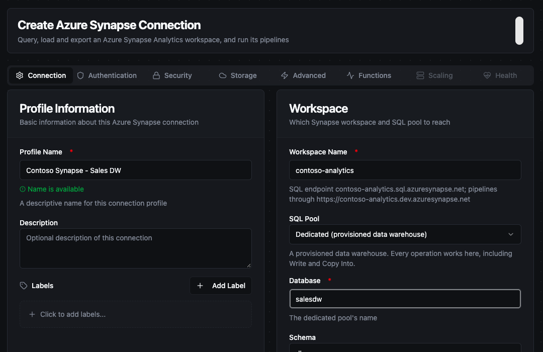 Azure Synapse connection form