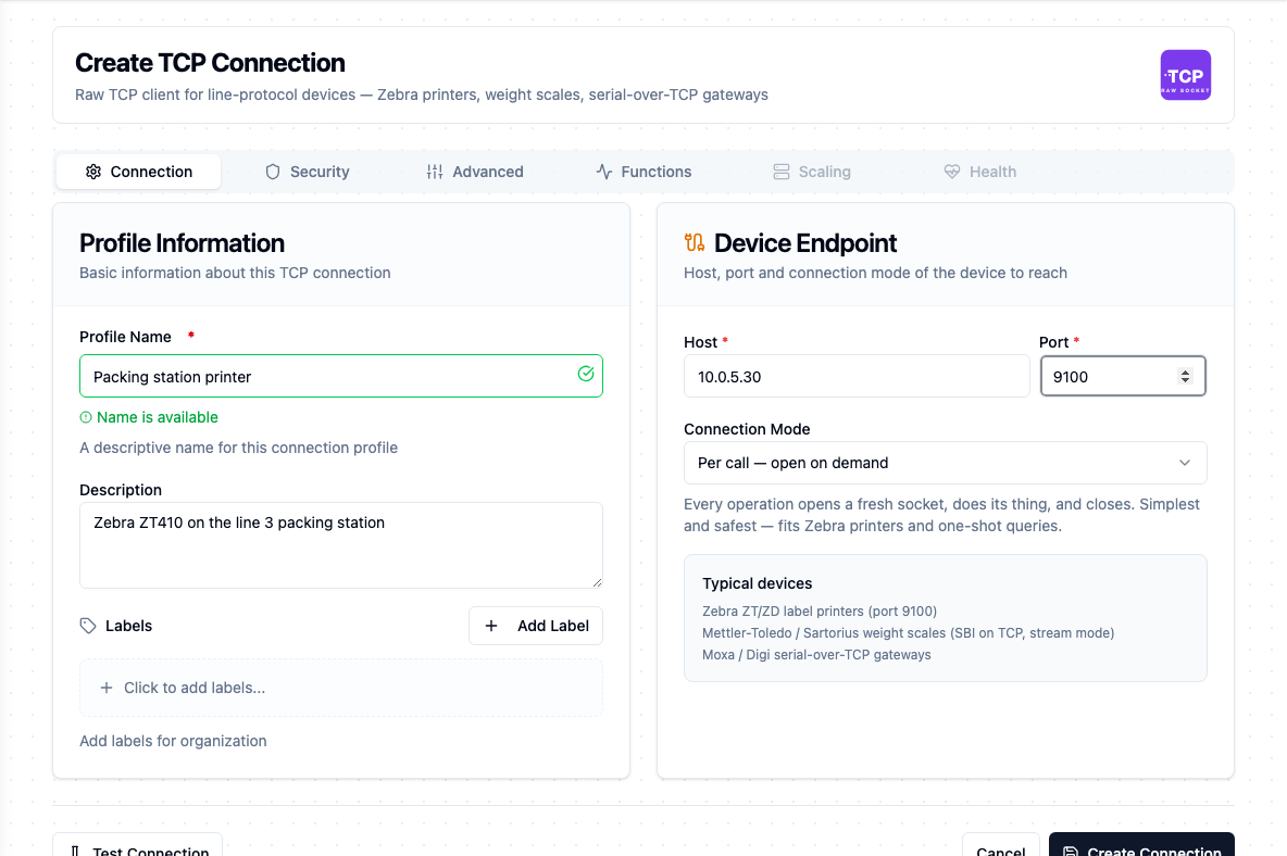 TCP connection form