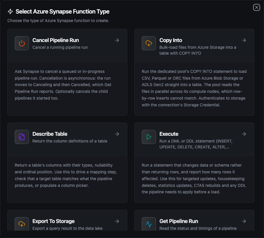 Azure Synapse function type selection