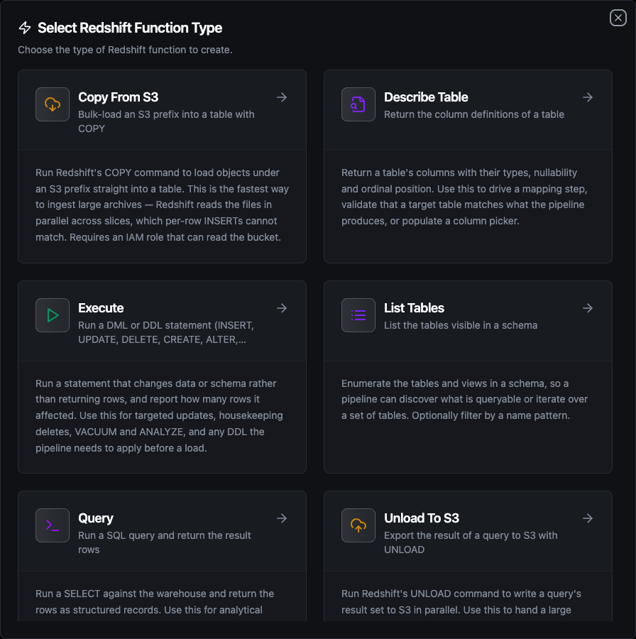 Redshift function type selection