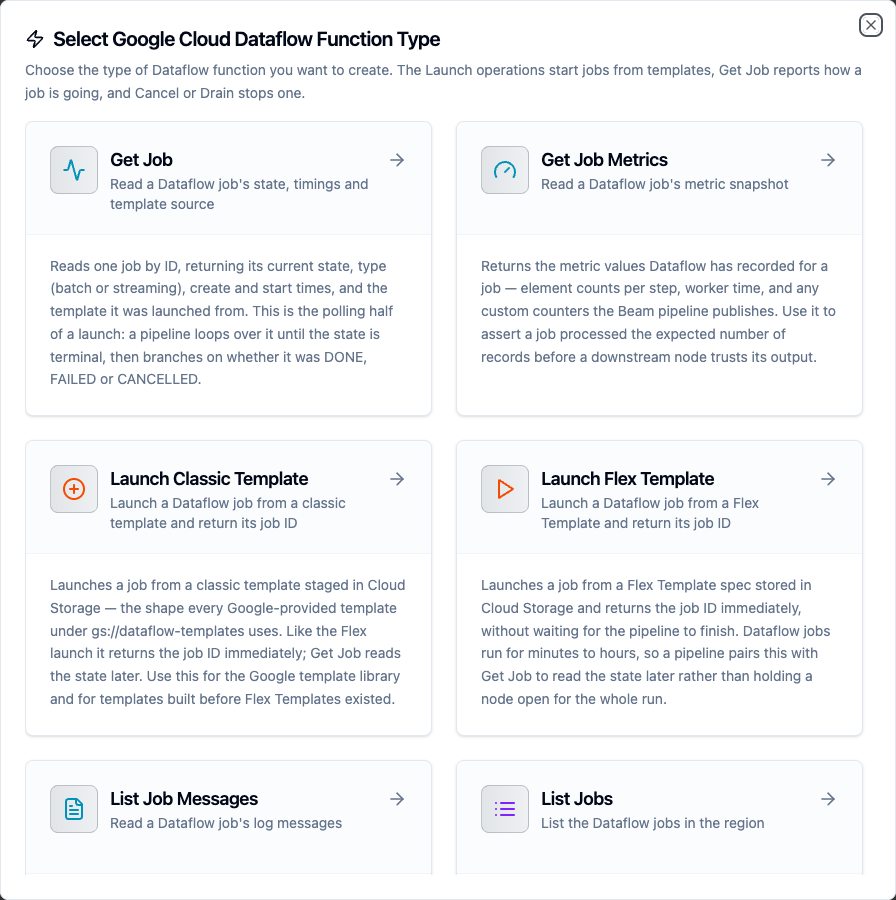 Select Google Cloud Dataflow Function Type dialog