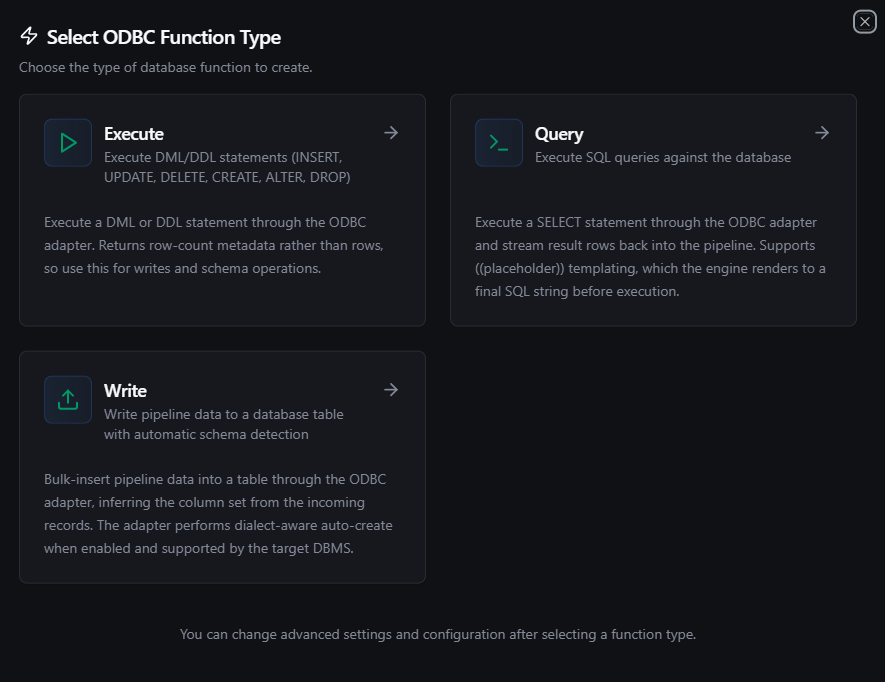 ODBC function type selection — Query, Execute, Write