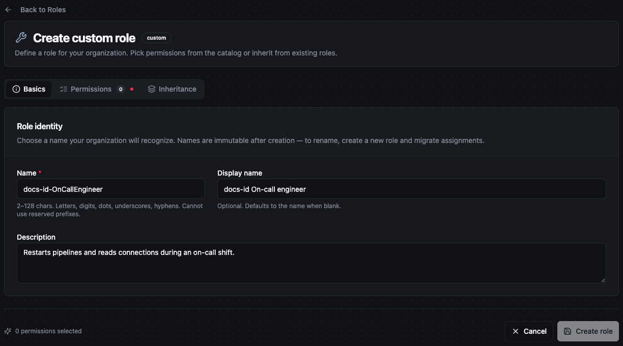 Create custom role editor on the Basics tab with the Name, Display name and Description fields filled in