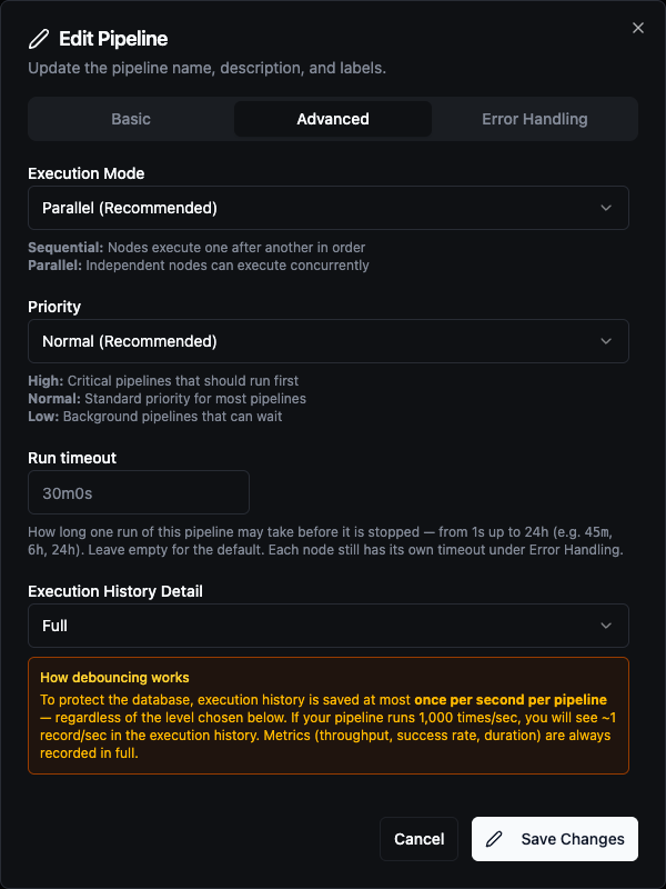Edit Pipeline Advanced tab with Execution Mode, Priority, Run timeout, and Execution History Detail