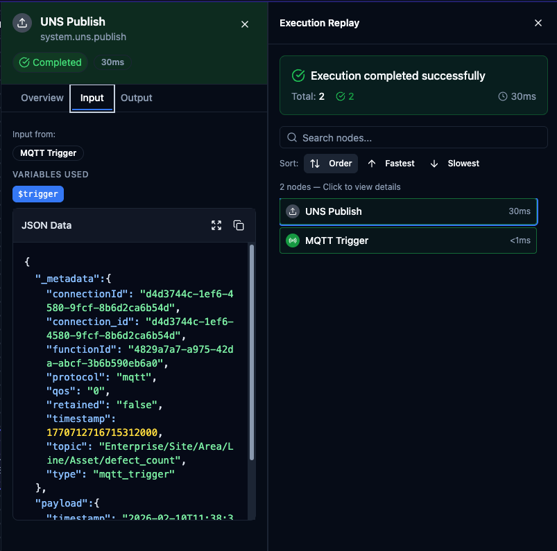 Execution Replay mode with node inspector and replay panel