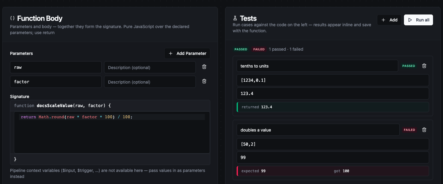 Function editor with tests