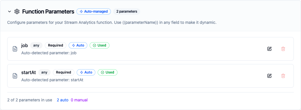 Auto-detected Stream Analytics function parameters