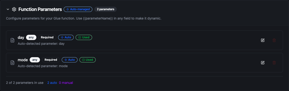 Auto-detected Glue function parameters