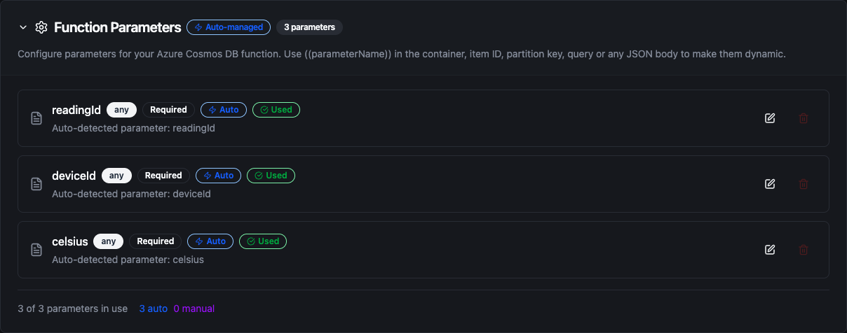 Parameter configuration for an Azure Cosmos DB function