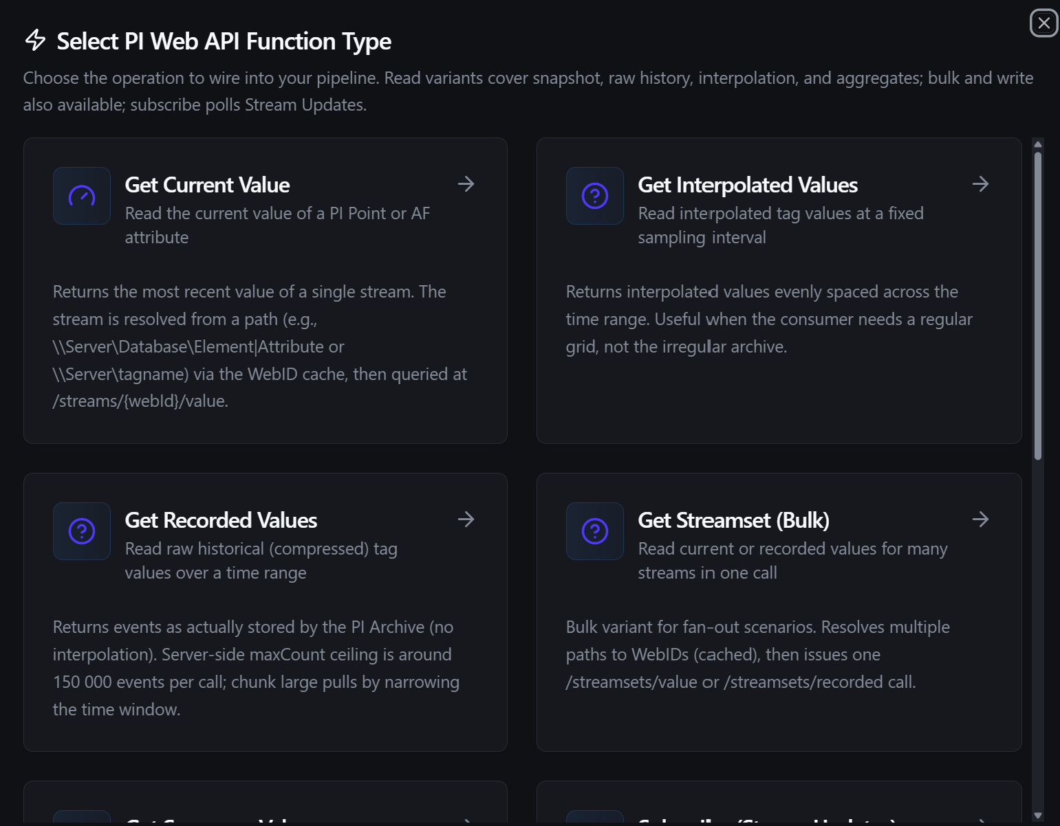 PI Web API function type selection dialog