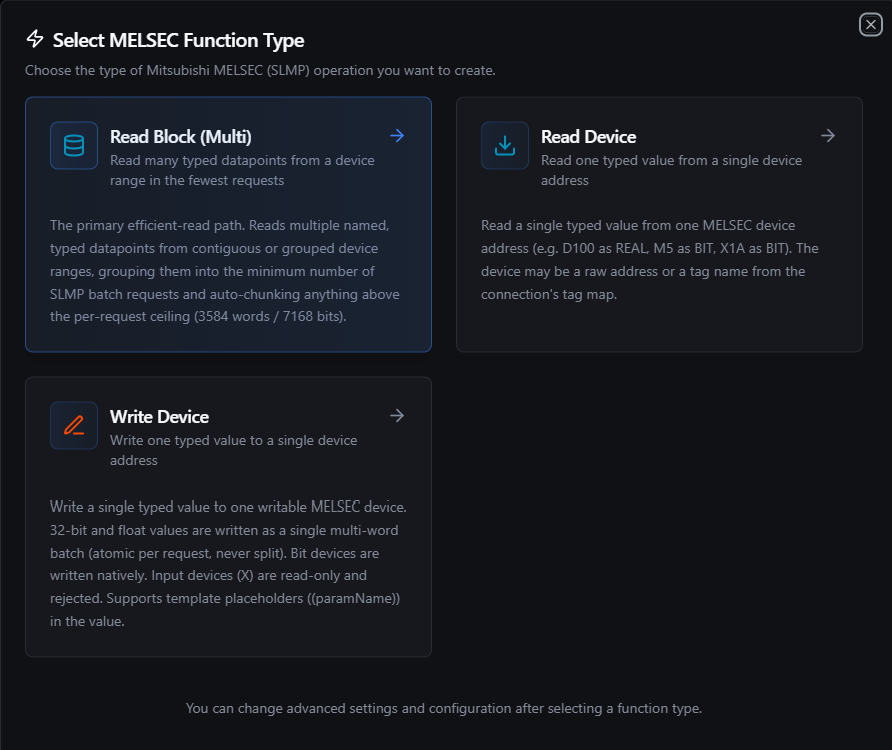 MELSEC function type selection dialog