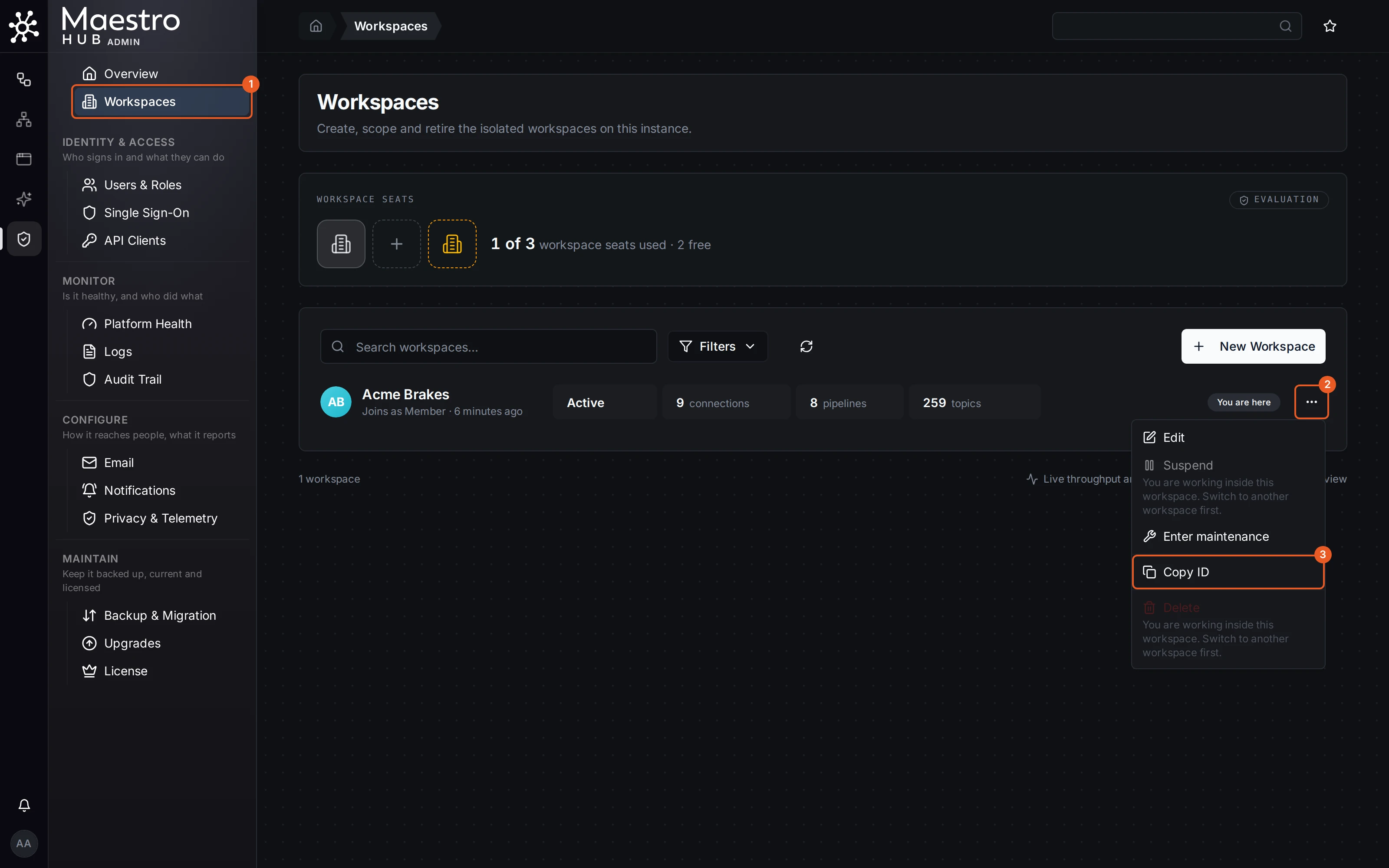 Workspaces page with the Workspace seats band showing 1 of 3 seats used, the workspace list below, and a row's actions menu open with Edit, Suspend, Enter maintenance, Copy ID and Delete