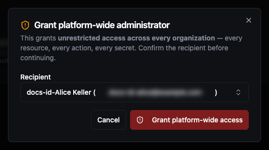 Grant platform-wide administrator dialog with a warning about unrestricted access, a recipient selected, and the Grant platform-wide access button