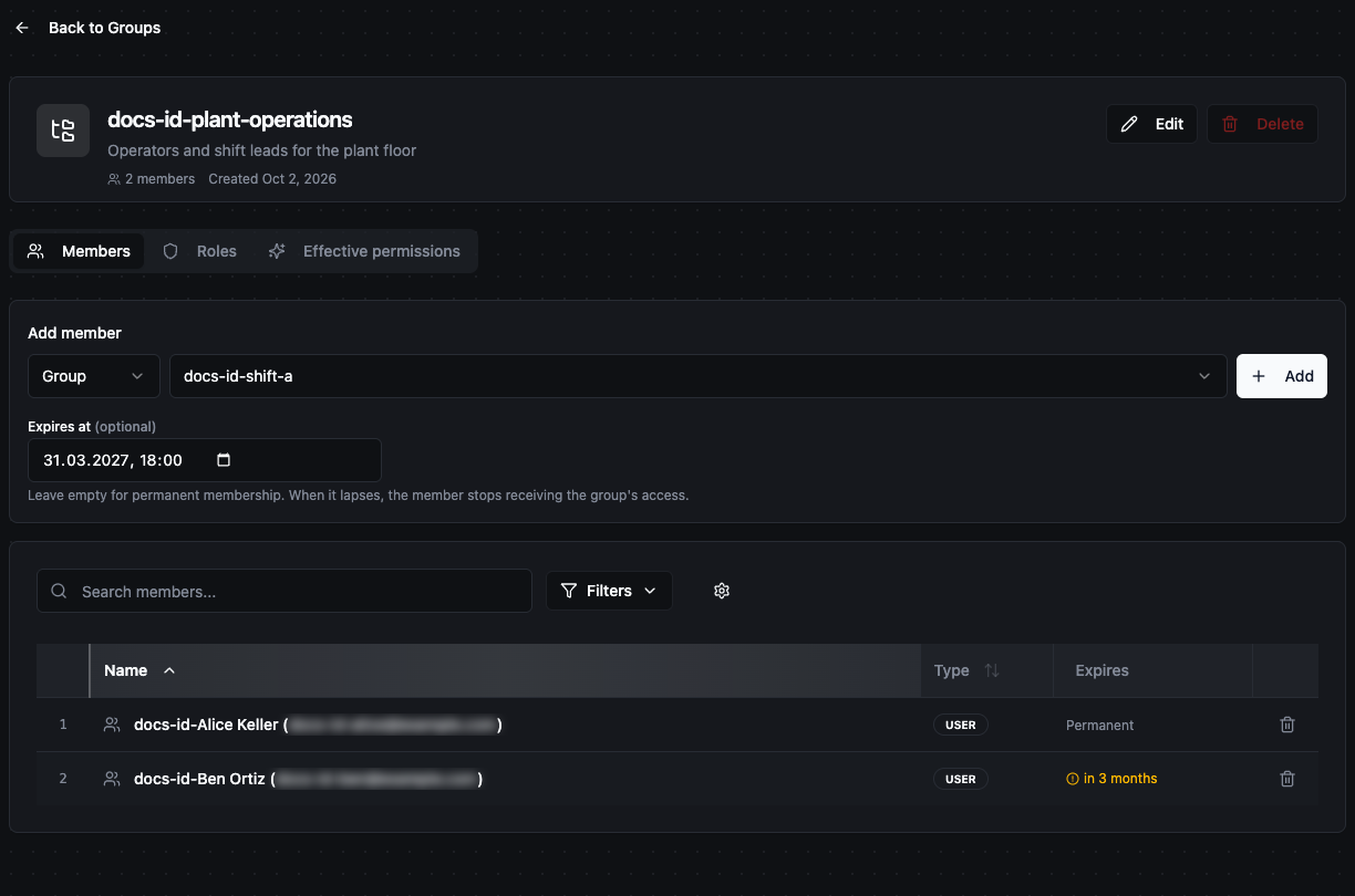 Group page on the Members tab: the Add member form with Group selected as the member type, a group picked and an Expires at date, above the members table showing one permanent member and one expiring in 3 months