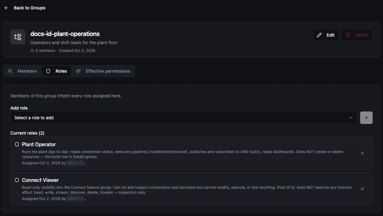 Group page on the Roles tab: the Add role picker and two current roles, Plant Operator and Connect Viewer, each with its assignment date and a remove button