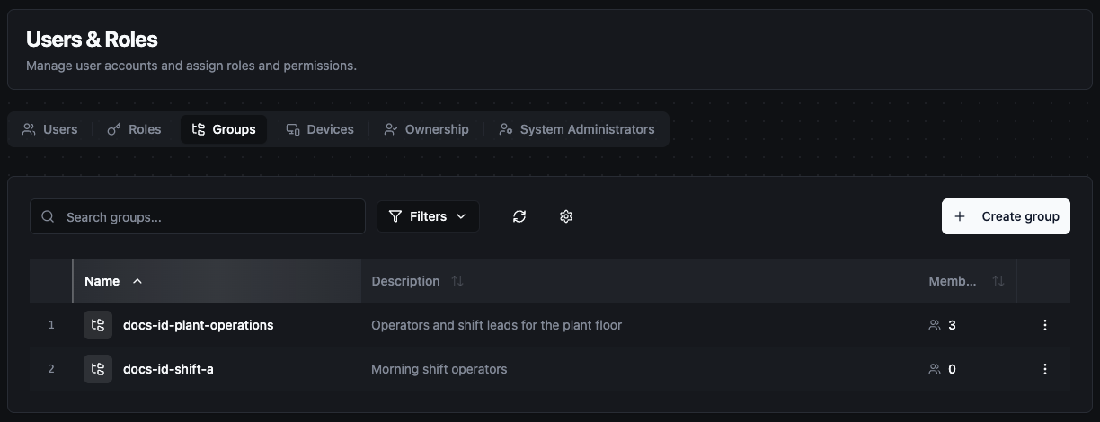 Groups tab listing two groups with their name, description and member count, a search box and the Create group button