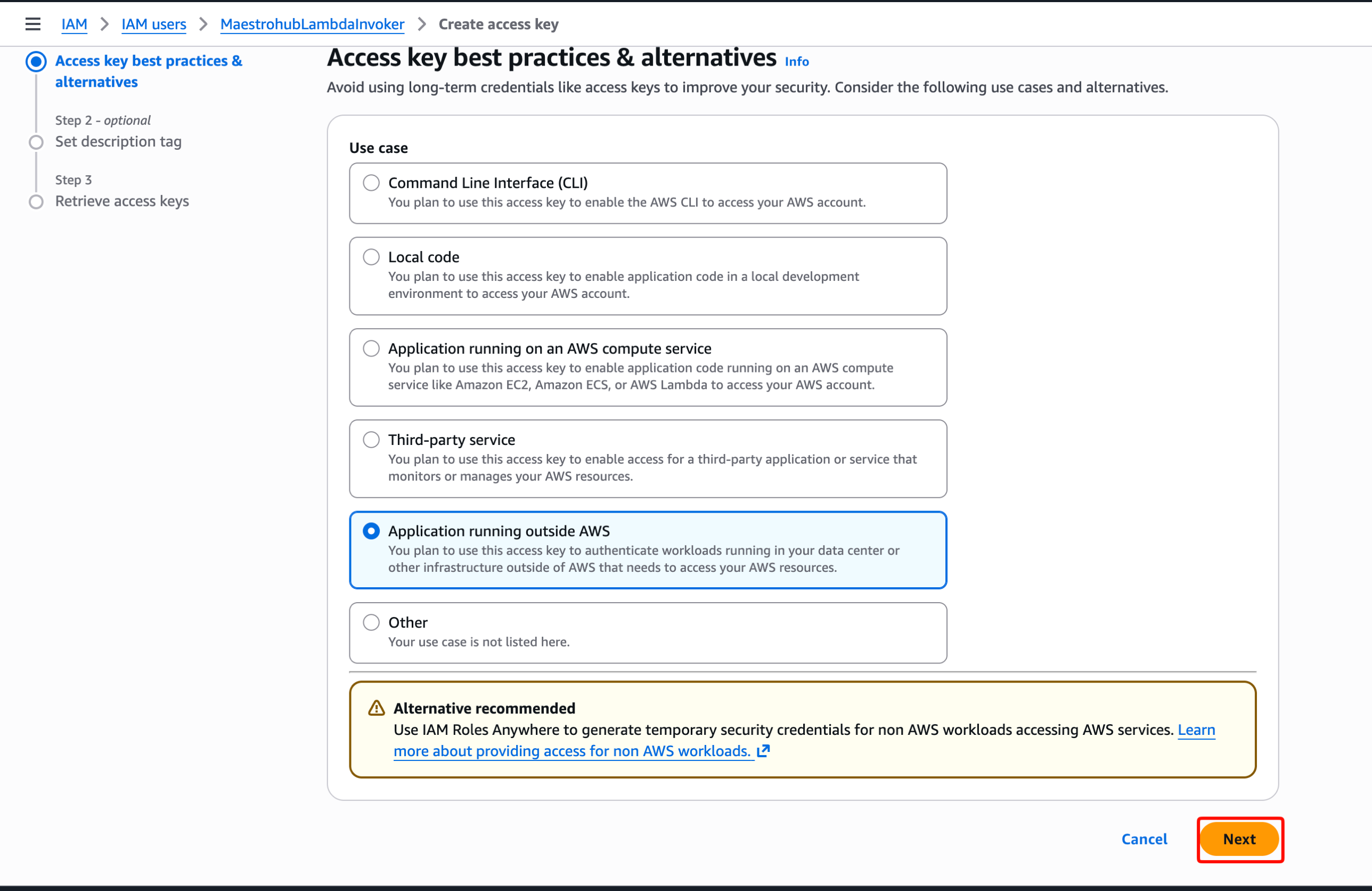 Access key use case — Application running outside AWS