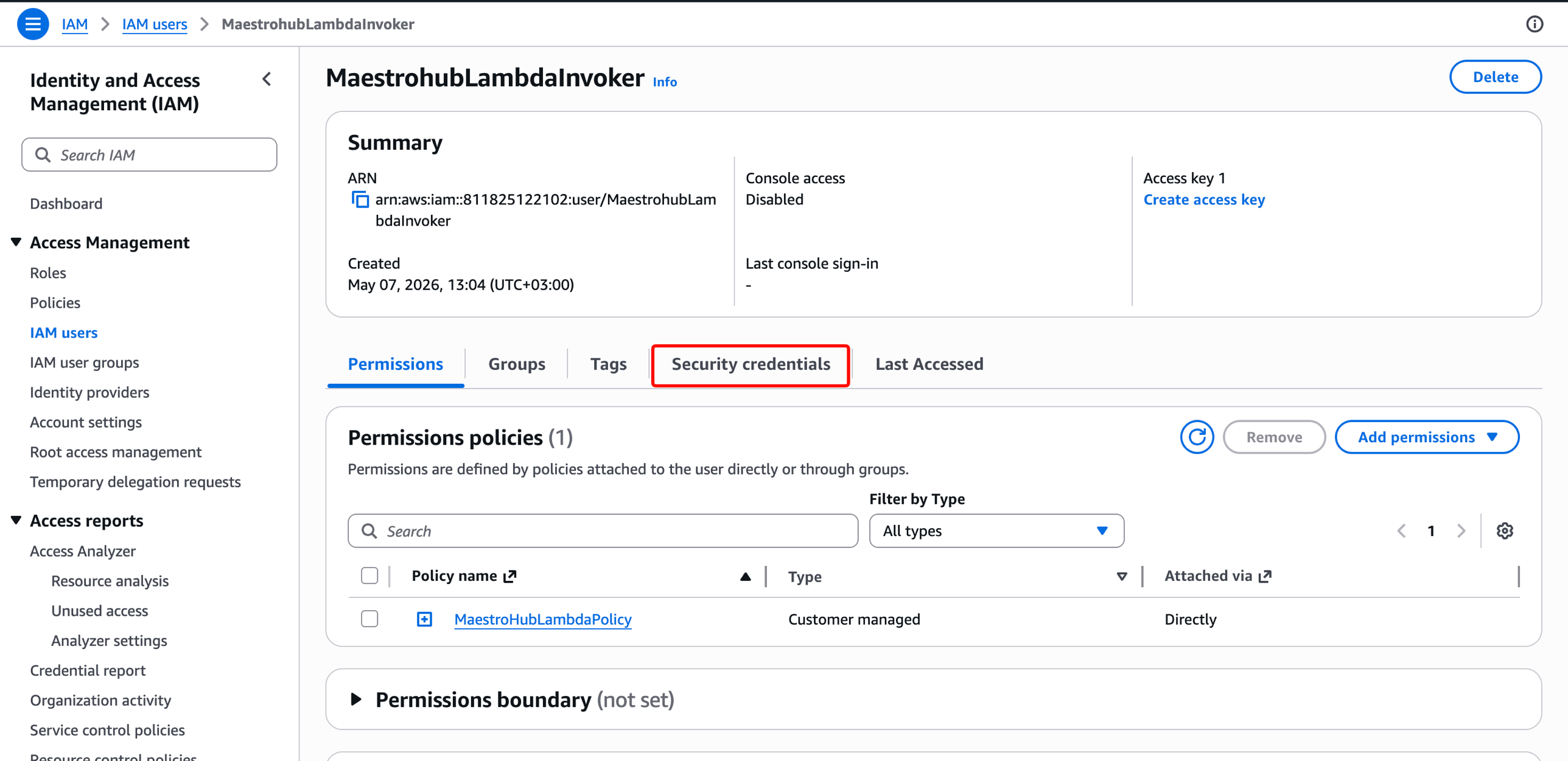 IAM user — Security credentials tab
