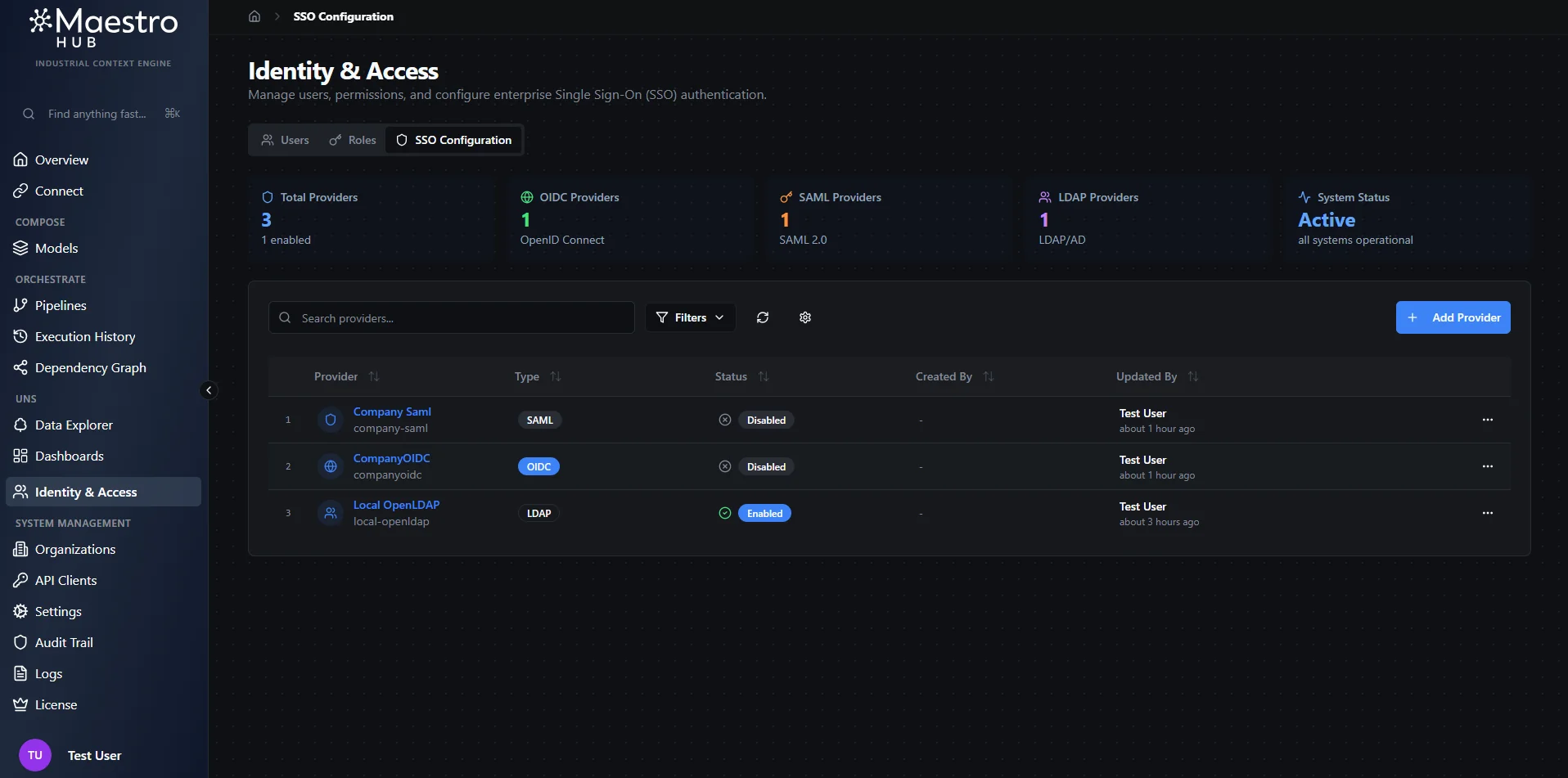SSO Provider Management Dashboard