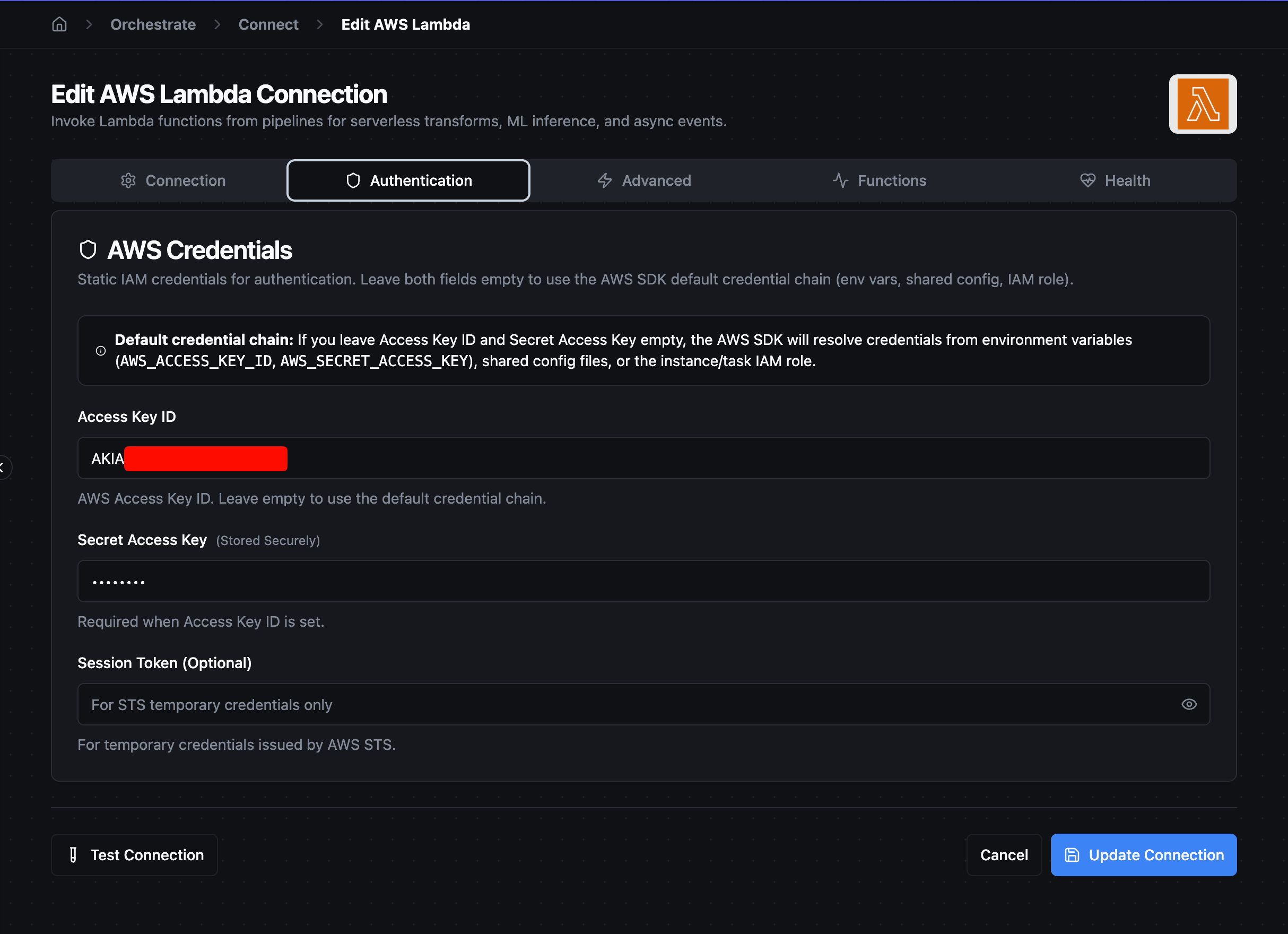 MaestroHub — AWS Lambda Authentication tab