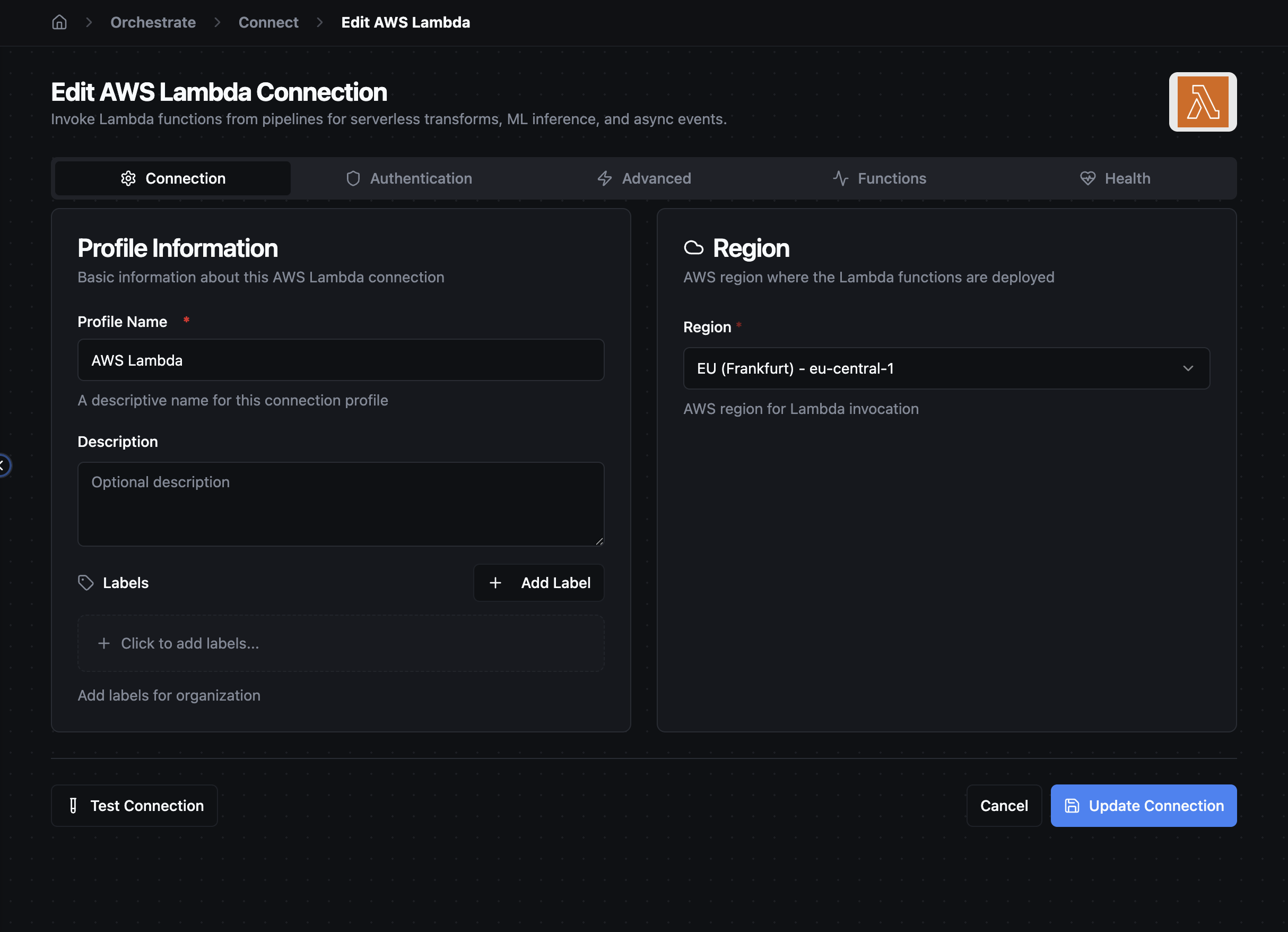 MaestroHub — AWS Lambda Connection tab