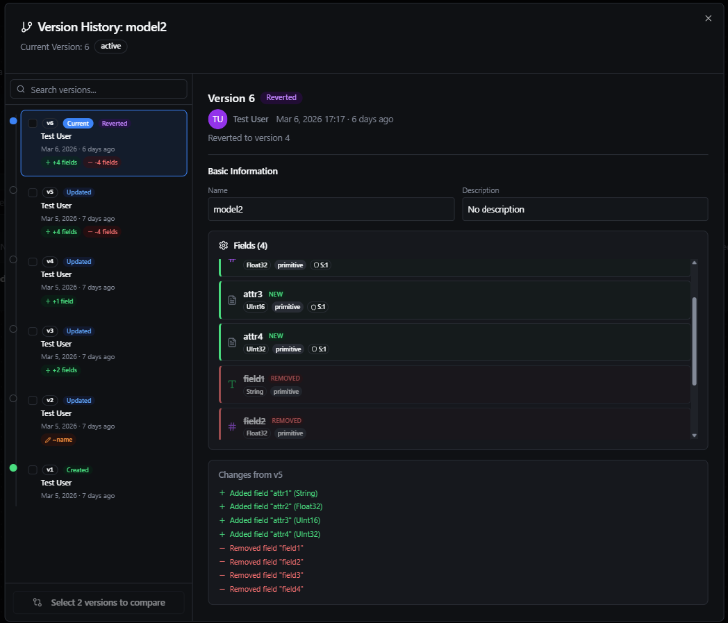Model Version History dialog