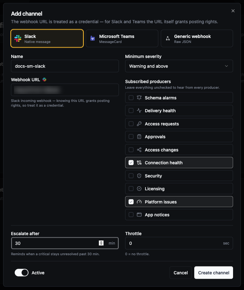 Add channel dialog with Slack selected, Connection health and Platform issues producers ticked, Escalate after and Throttle fields