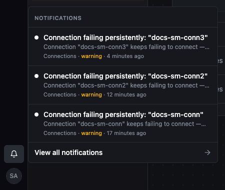 Bell tray open at the bottom of the left rail, listing connection notifications and View all notifications