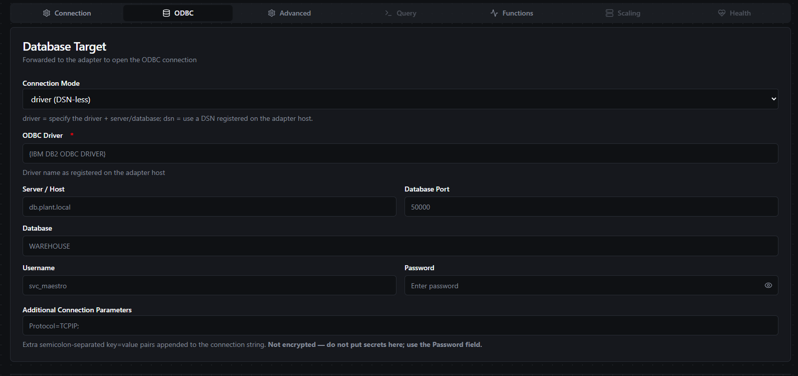 ODBC connection form — ODBC tab with connection mode, driver, server, database, and DB credentials