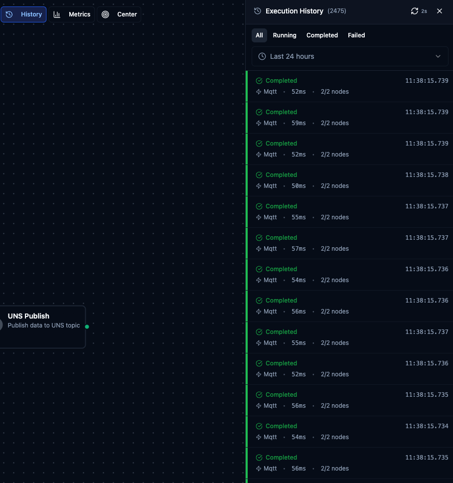 Pipeline execution history sidebar with completed runs