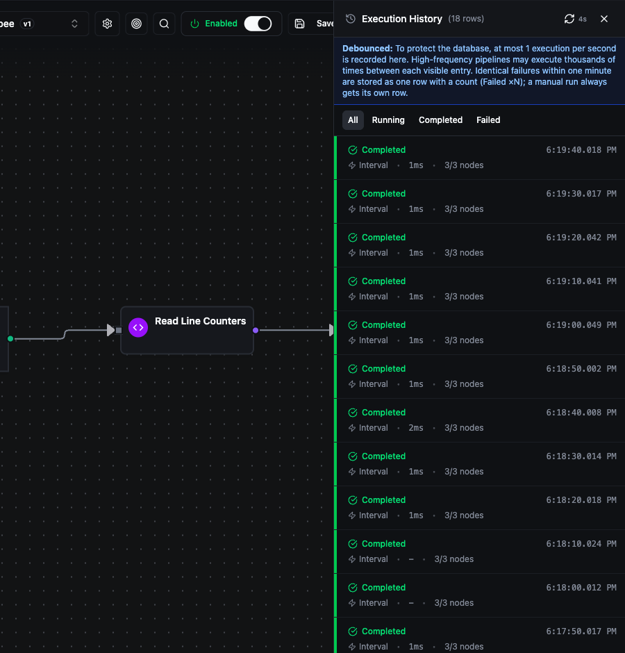 Pipeline execution history sidebar with completed runs
