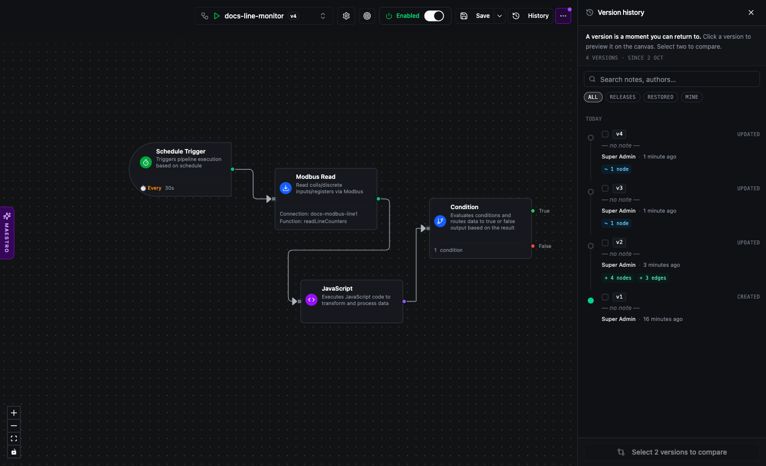 Version History sidebar in the canvas