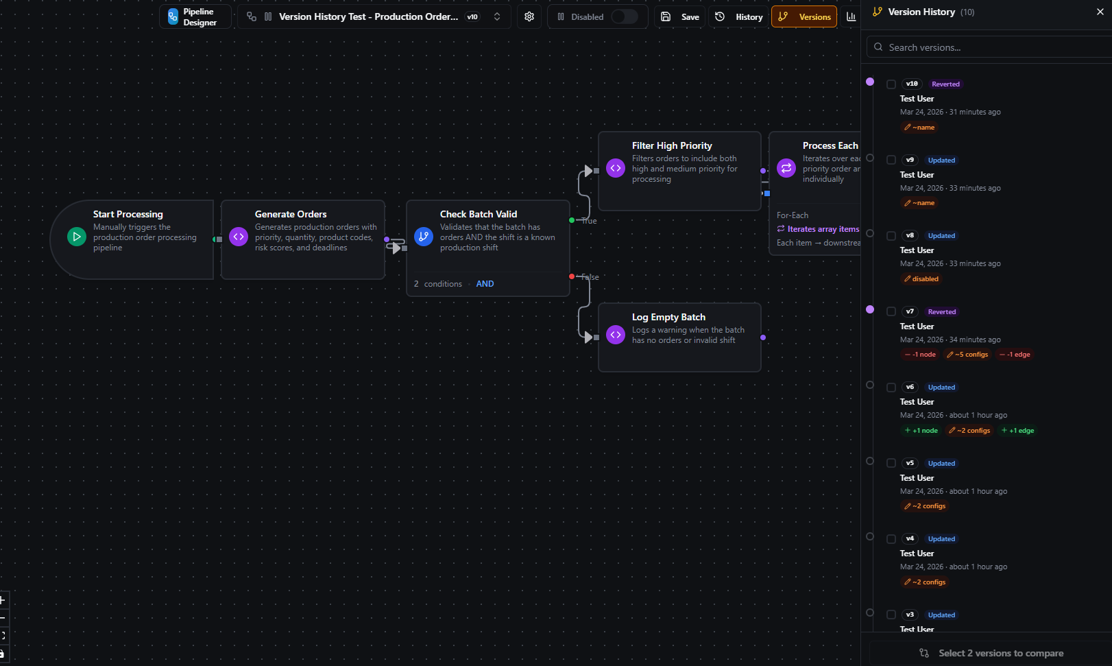 Version History sidebar in the canvas