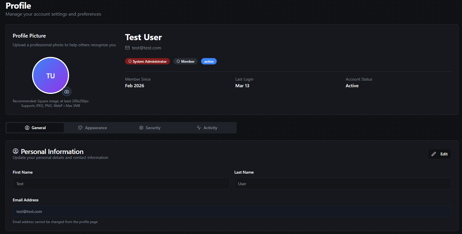 Profile page overview showing header and tab navigation
