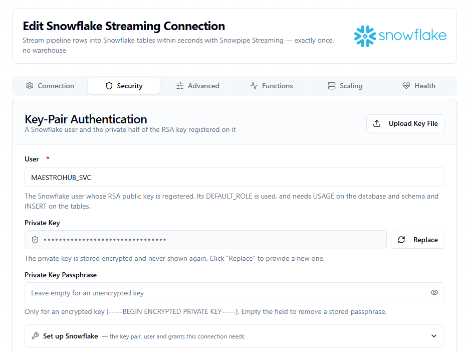 Security tab of a saved connection, with the private key stored